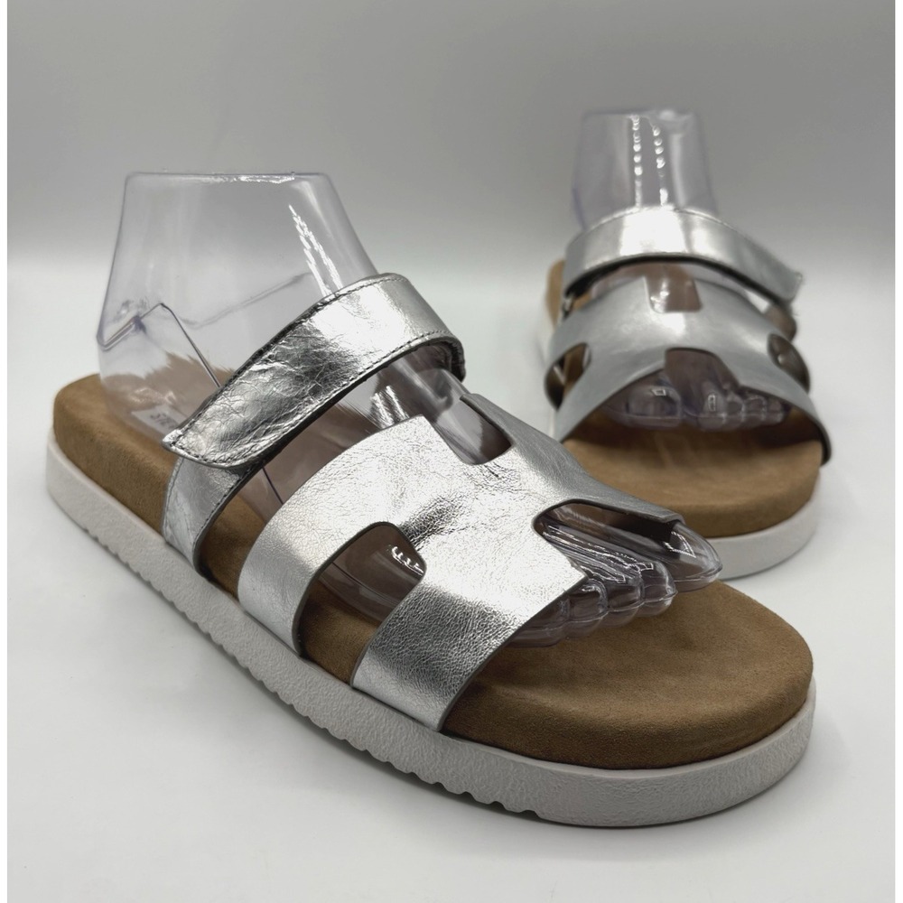 STEVE‎ MADDEN Mayven Sandal Women's Size 8.5 Silver Metallic Leather Slide NWOB